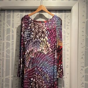 Alberto Makali Scoop Neck Long Sleeve Lined Feather Print Sheath Dress size 10